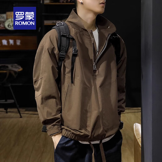 罗蒙夹克2025春秋季新款外套男士工装上衣休闲男生加棉加厚男装 咖啡色 M (115-130斤)
