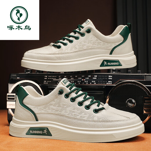Woodpecker men's shoes 2025 new one-foot flat shoes for work men's casual and versatile soft sole leather sports little white trendy shoes Mi green 40