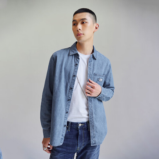 Lee standard version lapel classic workwear design men's long-sleeved denim shirt daily casual trend LMT009 light blue XL