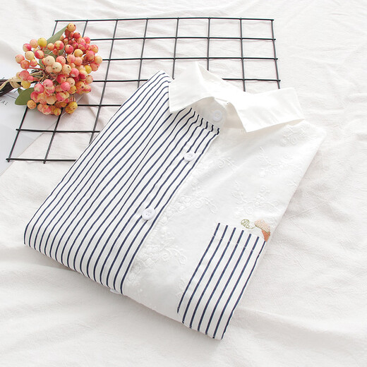 Nuanqiao cotton shirt women's long-sleeved Japanese spring and autumn loose striped splicing small fresh embroidered top casual cotton shirt striped M (95-125Jin Jin equals 0.5 kg)