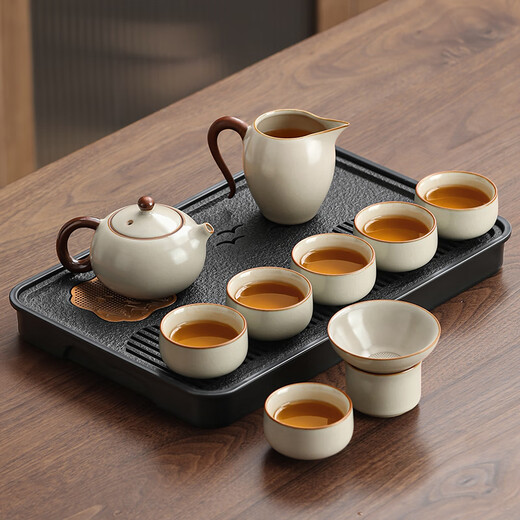 Shangyanfang Ru Kiln Kung Fu Tea Set Tea Tray Set Complete Set of High-end Home Office Teacups and Teapots Ceramic Tea Drinking and Brewing Utensils 6-Cup Xishi Pot Light Edition Qianlijiangshan Tea Tray Set