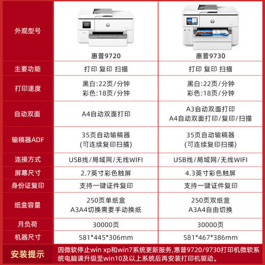 HP HP color inkjet printer A3A4 home office 9730 wireless automatic double-sided copying machine 9720 9720 A3 printing A4 printing copy scan single paper tray Upgrade standard [host + chip large-capacity ink cartridge 1 set]