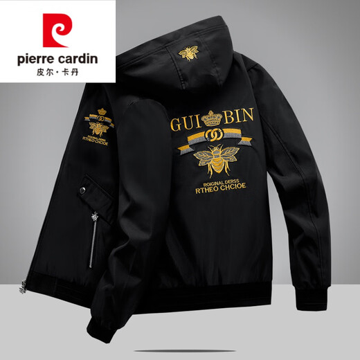 皮尔卡丹（pierre cardin）欧洲站刺绣连帽夹克外套男士春秋季2024新款黑色时尚潮小蜜蜂男装 黑色 PG9888蜜蜂带帽 XL