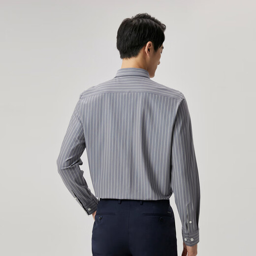 劲霸男装春季新品商务翻领竖条纹休闲棉长袖高档衬衫男|HAGT1396 中岩灰 M (170)
