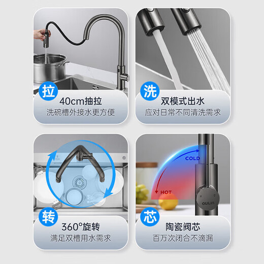 Oullin cocina inducción giratoria Pull-Pull Faucet inteligente Temolina telescópica de lavado para lavado especial para el calor y fría 9903 9903G GRER GRIS INFRARED + PULLE PULL DE INDUCCIÓN FAUCE