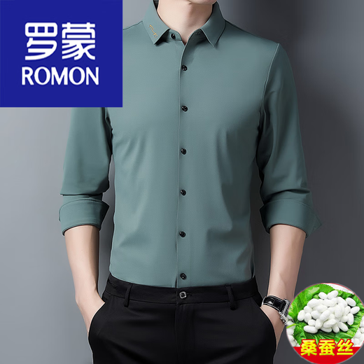 Vêtements pour hommes Romon Imitation Mulberry Silk Shirt Men à manches longues à manches longues Broidered sans marque Automne Men d'âge moyen Black 6221 185 / 96A