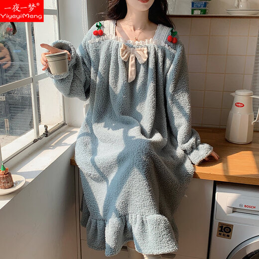 一夜一梦 珊瑚绒睡裙女长袖冬天加厚加绒甜美公主风秋冬款保暖法兰绒睡衣 691-2（绿色） M
