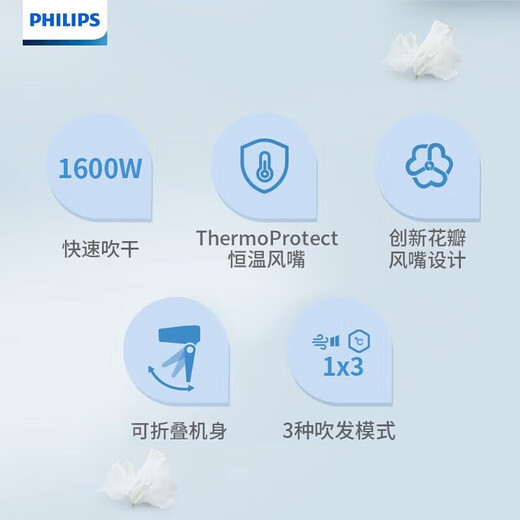 Philips hair dryer high-power quick-drying hair dryer portable and foldable | constant temperature hair care BHD308/05