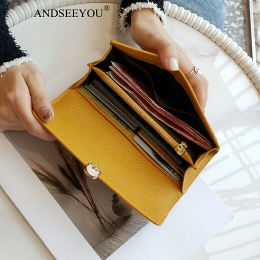 ANDSEEYOU brand long wallet women's new yellow cowhide fortune wallet fashion four-leaf clover soft cowhide clutch Chinese Valentine's Day yellow as shown in the picture