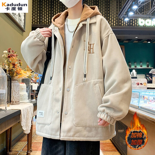 Kaduton cotton hooded jacket men's off-white simple letter embroidery youth students autumn and winter Hong Kong style thickened jacket W6811 off-white (cotton style) (high quality) thickened XL about 130-145Jin Jin equals 0.5 kg can be worn