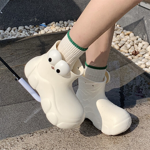 Thin strips (XIXITIAO) play with water on rainy days, anti-slip cute rain boots eva thick sole four seasons universal big eyes women wear rain boots off white single layer [cartoon big eyes] 36 36-37 large size 1
