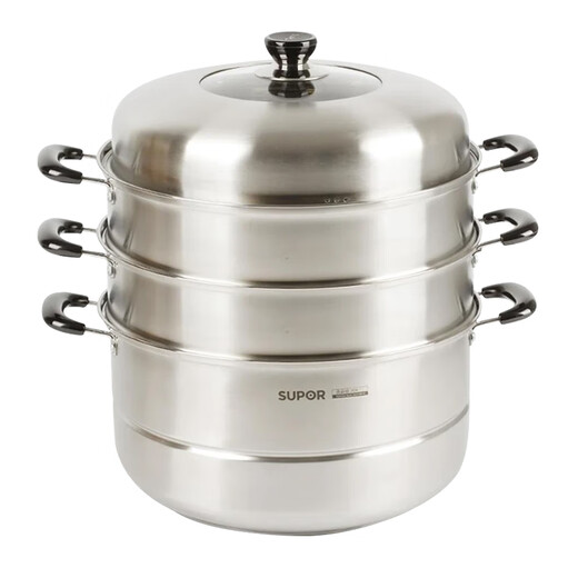 Supor large-capacity steamer three-layer household steamer 304 stainless steel enlarged steaming and cooking dual-purpose pot induction cooker gas universal 3-layer steamer + 1 original steamer becomes 4 layers 34cm