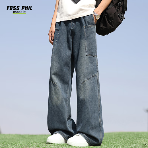 Foss Phil牛仔裤春夏季男士美式复古宽松弯刀直筒薄款阔腿裤G1105复古蓝XL