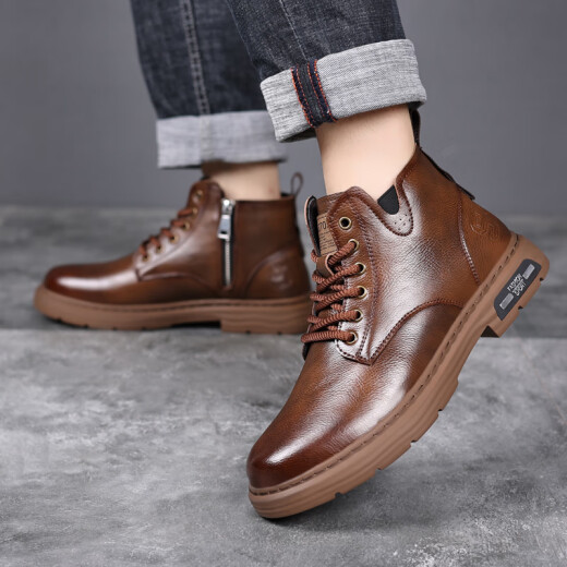 IIIBRO Invierno Top Capa de cuero de vaca Botas de nieve botas para hombres Zapatos de cuero para hombres calientes zapatos de algodón engrosados ​​de algodón 37 a 45 6627 marrón más terciopelo 40 (tamaño de cuero normal)