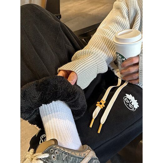 Katuchi Japanese retro lamb velvet pants men's autumn and winter loose plus velvet thickened warm trendy casual sportswear trousers apricot XL