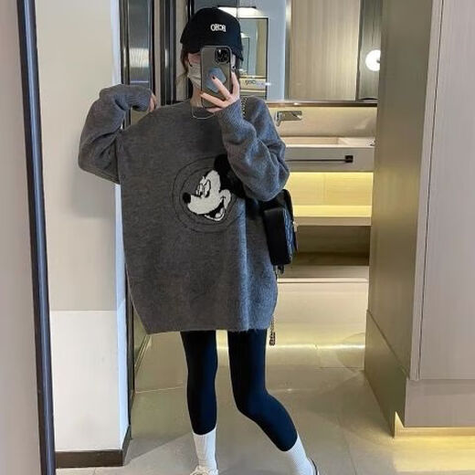 Yimuqi Buy Duoxi Dongguan Dalang Sweater Mid-length Loose and lazy style pullover for women 2024 Winter New Korean Style Pullover Grey Donald Duck y9855 One Size m