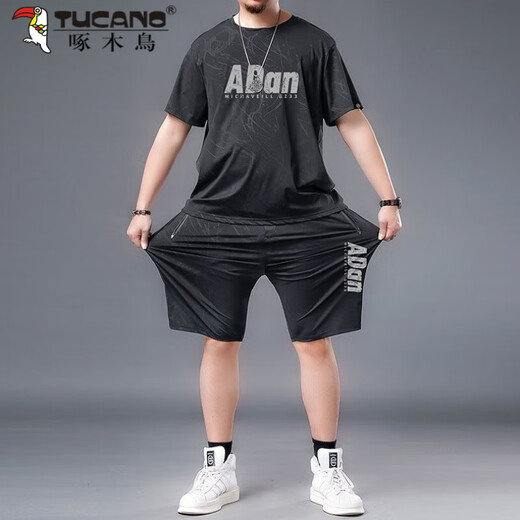 啄木鸟大码冰丝运动服套装男夏季胖子加肥加大速干短裤短袖t恤休闲男装 黑色826一套 XL 建议125-140斤