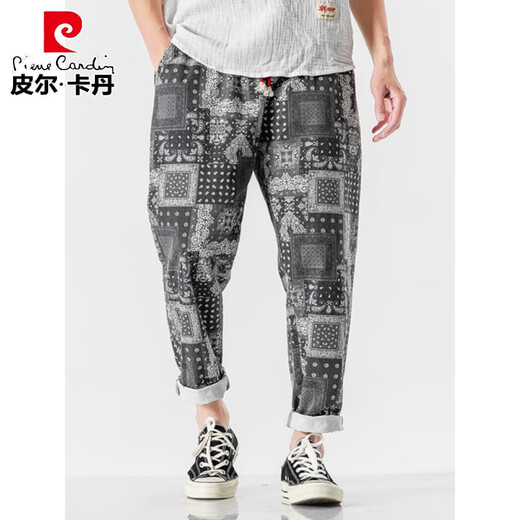 Pierre Cardin Linen Nine-Point Casual Pants Men's Autumn Thick Loose Cotton and Linen Pants National Fashion Cashew Flower Pants Thai Harem Pants Blue 2XL