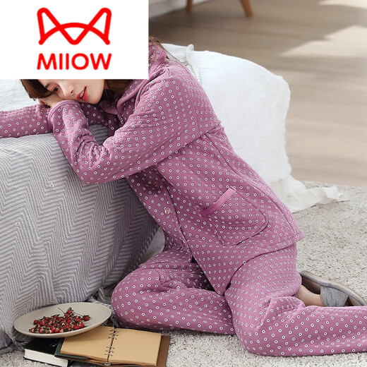 猫人（MiiOW）秋冬季全棉空气棉夹层睡衣女加厚纯棉长袖三层厚款夹棉家居服套装 6169 M
