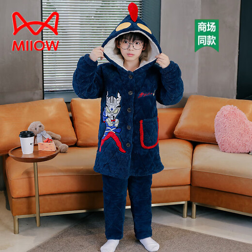 猫人（MiiOW）男童中大童亲子加厚秋冬长毛绒夹棉卡通可爱舒适可外穿家居服套装 01E9923发光奥特曼 成人M（高155-160CM，体重75-100斤）