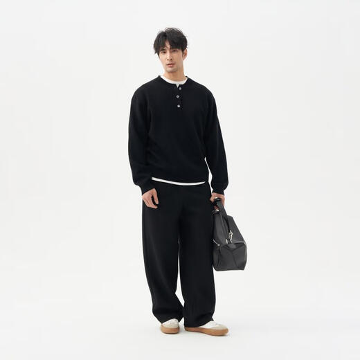 LEZORA Superfine Merino Wool Cashmere Autumn and Winter Loose Henley Neck Sweater for Men Black S