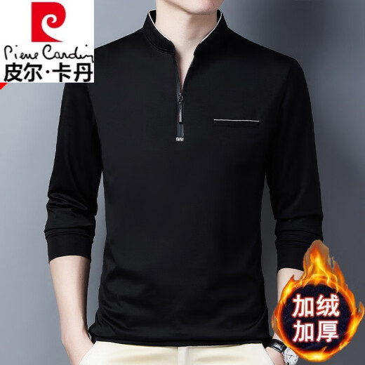皮尔卡丹（pierre cardin）高档纯棉长袖t恤男士新款拉链款立领中青年大码针织舒适polo.衫潮 加绒6625玫红 加厚 M 165建议120斤以内