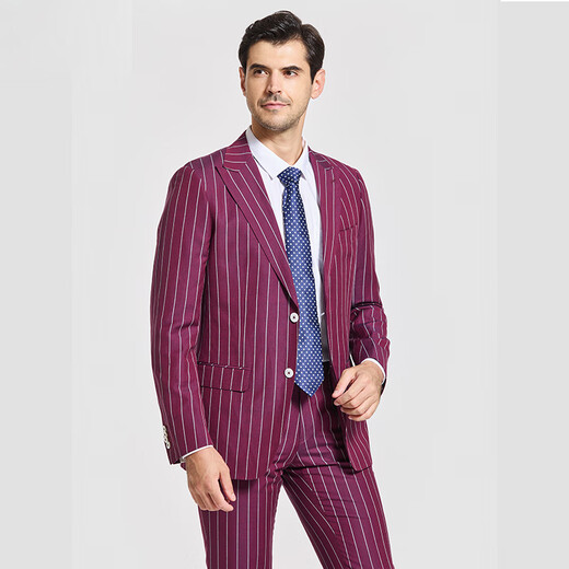 Jijia autumn and winter fashion suit two-piece casual men's striped VBC wool suit jacket rose red 175/96A suit + trousers