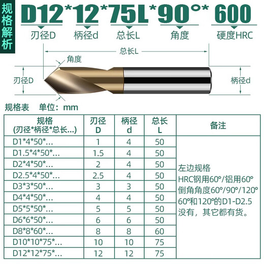 90 degree tungsten steel center drill 60 120 alloy fixed point drill bit diameter 1-12mm positioning drill CNC chamfering milling cutter 1*4 shank*50L*90*2F (for steel)/Taiwan style