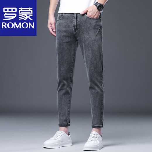 罗蒙（ROMON）新款九分裤牛仔休闲裤男士春秋新款修身小脚弹力百搭显瘦小直筒裤 6621灰色【九分款】 34 【腰围约2尺7】