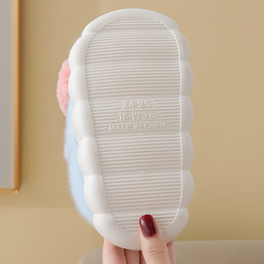 Candy astringent children's cotton slippers, winter plus velvet, thickened, warm, soft sole, non-slip, home cartoon rabbit, boys and girls, baby cotton slippers, heel included, pink, size 22-23, inner length 14cm