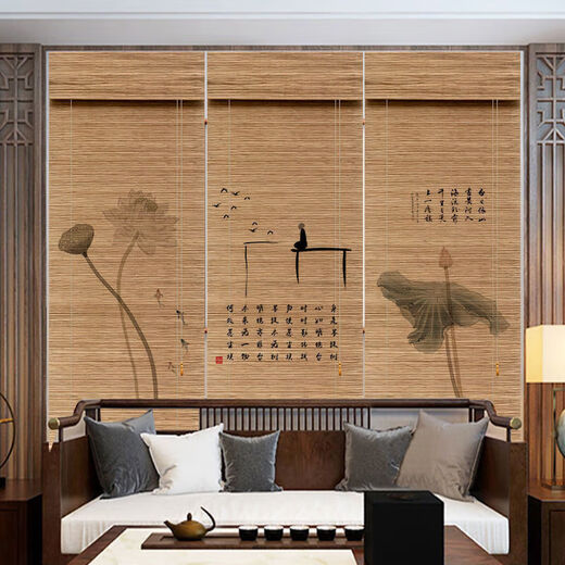 Shuxuan Printed Bamboo Curtain Roller Curtain Roll-pull New Chinese Tea Room Zen Door Curtain Sun Shade Partition Decorative Curtain Zen 1 1m*1m