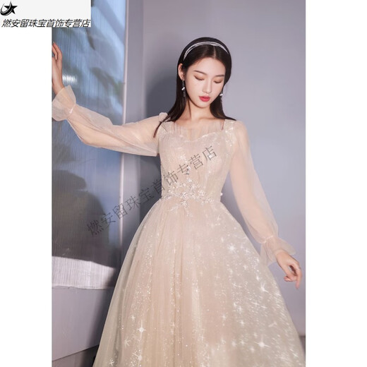 Jingga piano performance clothing, high-end banquet host, piano vocal student, student art exam, 18-year-old adult ceremony long dress, champagne color, M 100 Jin Jin equals 0.5 kg, left and right points to wear
