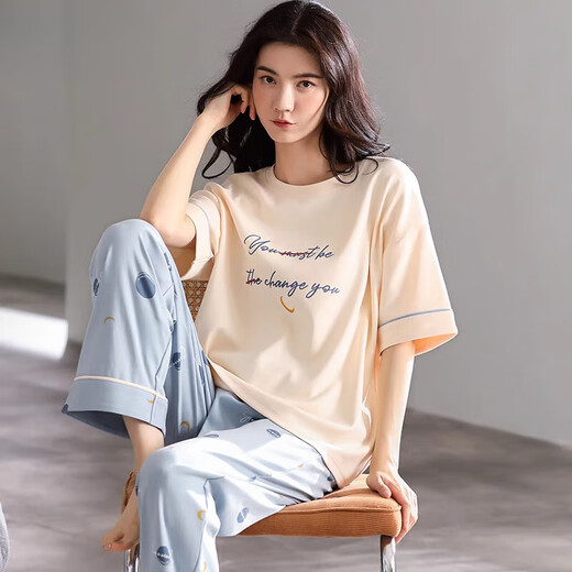 莫代尔睡衣女2025年新款夏季棉短袖长裤家居服薄款大码女士家居服套装 7371 M 【建议80-105斤】