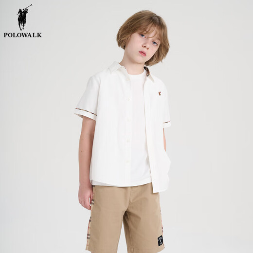 POLOWALK children's clothing 2024 new summer shirt boys' short-sleeved top shirt comfortable and fashionable white 110 cm