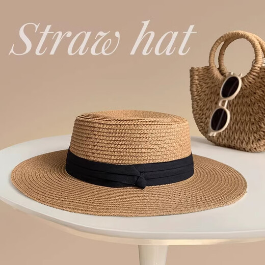 
Zhuang Yuwan 2025 new French flat top brim straw hat big head fence beach vacation top hat woven sun protection hat women 1# concave top black-up upgraded soft top [hat brim 8CM]