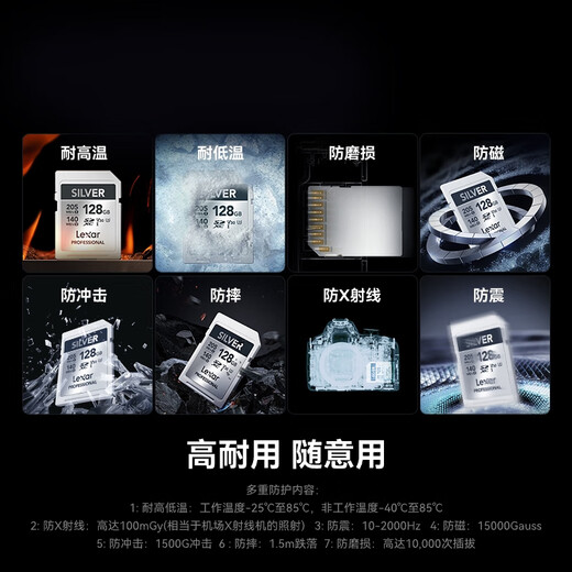 雷克沙（Lexar）128GB SD存储卡 U3 V30 佳能索尼富士尼康相机高速SD卡 读205MB/s 写140MB/s 4K超清录制 SD银卡