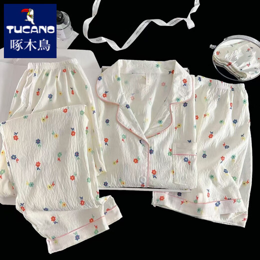 Woodpecker Summer HelloKitty Pajamas Women's Three-Piece Set Pure Cotton Gauze Cute Cartoon Short-Sleeved Home Suit Summer Cloud Cotton-9902# Star KT Cat Three-Piece Set M [Suggested 75-100Jin [Jin equals 0.5 kg]]