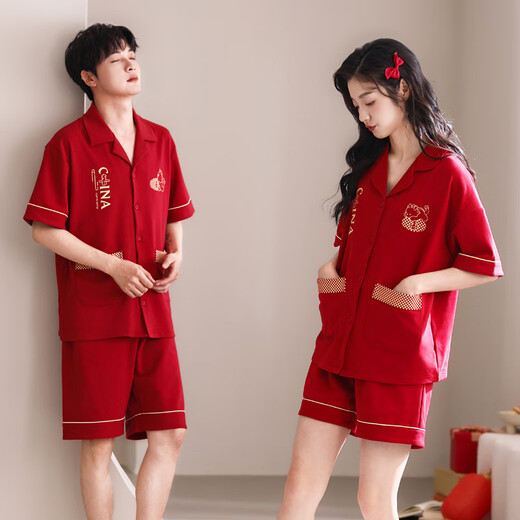 LangSha wedding couple pajamas summer pure cotton with chest pads for one man and one woman red wedding high-end gift box home wear set 5812 couple (with chest pads) female XL + male L