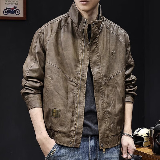 Lexin trendy high-end stand-collar motorcycle leather jacket for men in autumn and winter new men's velvet large size American retro trendy brand tops brown velvet thickened 3XL 180-200Jin Jin is equal to 0.5 kg