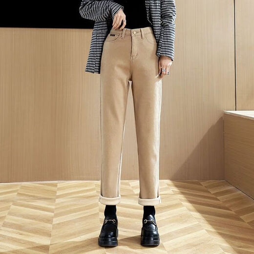 Star Eyebrows Baguette Women's Winter 2024 neue Samtjeans mit ganzjährig geradem breitem Khaki-Baumwollhosen verdickte Zigarette Khaki eine Schnalle [mit Velvet eingedickt] 13588 26 (80 bis 95 Jin [Jin gleich 0,5 kg]))