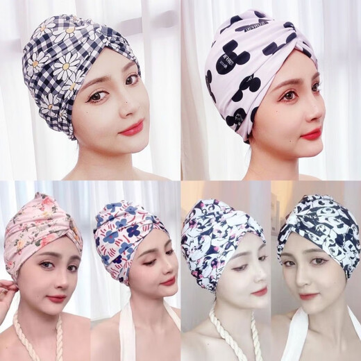 Chaosihui long and short hair, fashionable and cute ear-protecting fabric swimming cap, good-looking, hot spring swimming cap for women, showing small face, 2001 black Mickey hat + nose clip earplugs