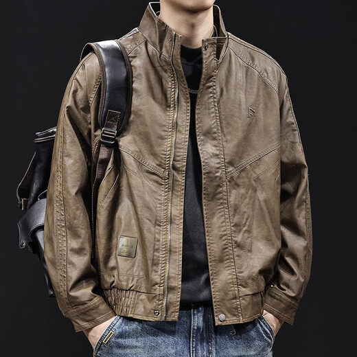 Lexin trendy high-end stand-collar motorcycle leather jacket for men in autumn and winter new men's velvet large size American retro trendy brand tops brown velvet thickened 3XL 180-200Jin Jin is equal to 0.5 kg