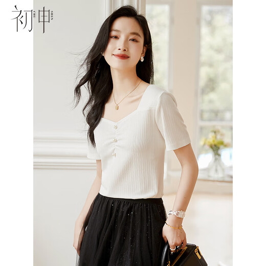 初申夏季短袖T恤女时尚优雅V领显瘦薄款针织T恤小衫S143T1585