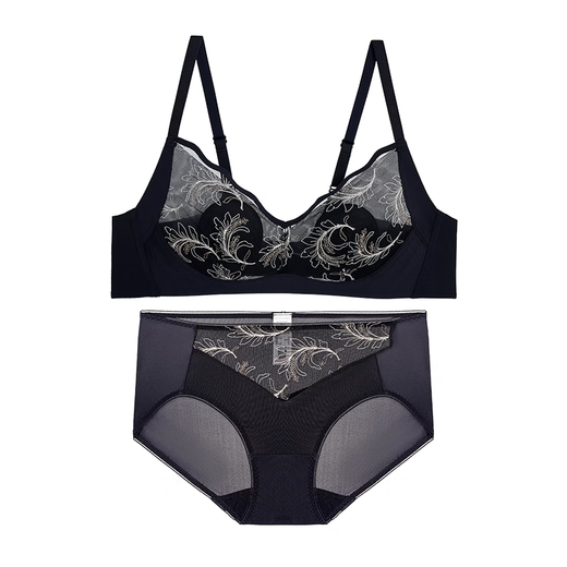 Admiring Women's Wireless Thin Hidden Hole Cup Petal Underwear Lace Bra Panty Set DY202420-1 Starry Sky Blue M (165) 160