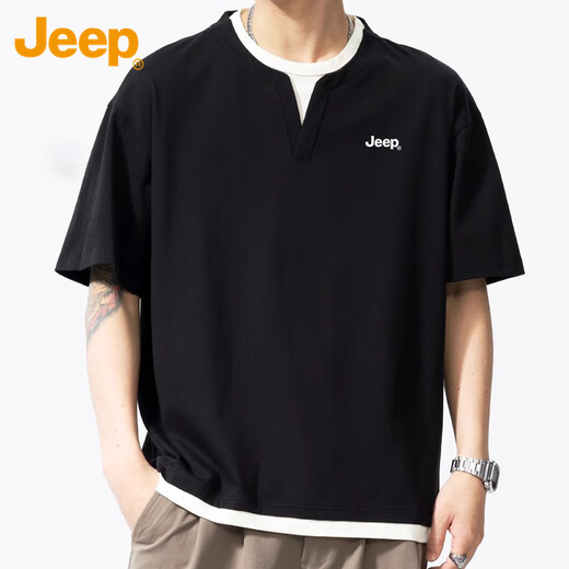 Jeep (JEEP) short-sleeved t-shirt men's summer henley collar waffle bottoming shirt fake two-piece high-end clothes men's black XL