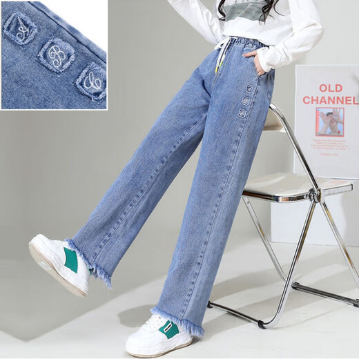 Zhidou Dou versión coreana de pantalones de primavera y verano nuevos pantalones elásticos sueltos de pierna ancha de 12 a 18 años Estudiantes de secundaria de moda Jeans para mujeres A9855 Tamaño promedio XL105-115Jin [Jin equivale a 0.5 kg]