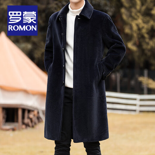 ROMON Woolen Coat Men's Winter Mid-Length Over-the-Knee Woolen Windbreaker Korean Style Trendy Thickened Lapel Winter Jacket Men Gray 2XL/185 Size