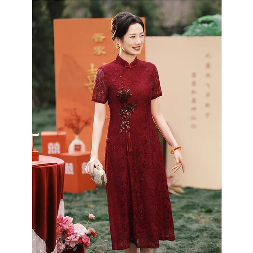 Lankaroni Xi’s mother-in-law wedding dress 2025 new summer wedding dress Lace Xi’s mother wedding dress red cheongsam burgundy XXL (recommended 126-135 Jin [Jin equals 0.5 kg])