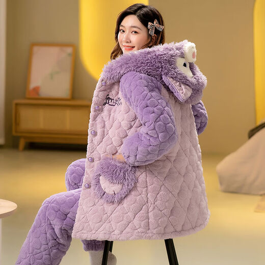 GTYUWVG湖南省省服女冬天珊瑚绒加厚加绒三层夹棉袄法兰绒秋冬季大码家居 hl6636蓝色-中长.款 M  推荐80-100斤