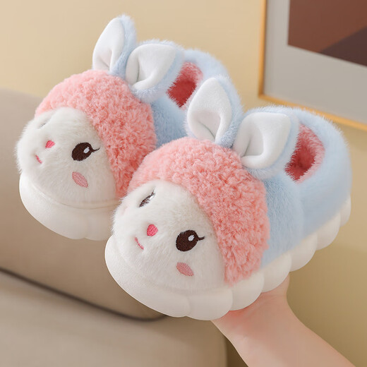 Candy astringent children's cotton slippers, winter plus velvet, thickened, warm, soft sole, non-slip, home cartoon rabbit, boys and girls, baby cotton slippers, heel included, pink, size 22-23, inner length 14cm